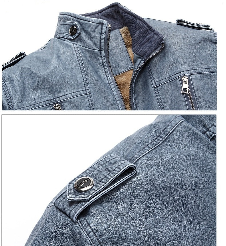 Solid Stand Collar with Faux Fur Lining Biker Style Men PU Leather Jacket