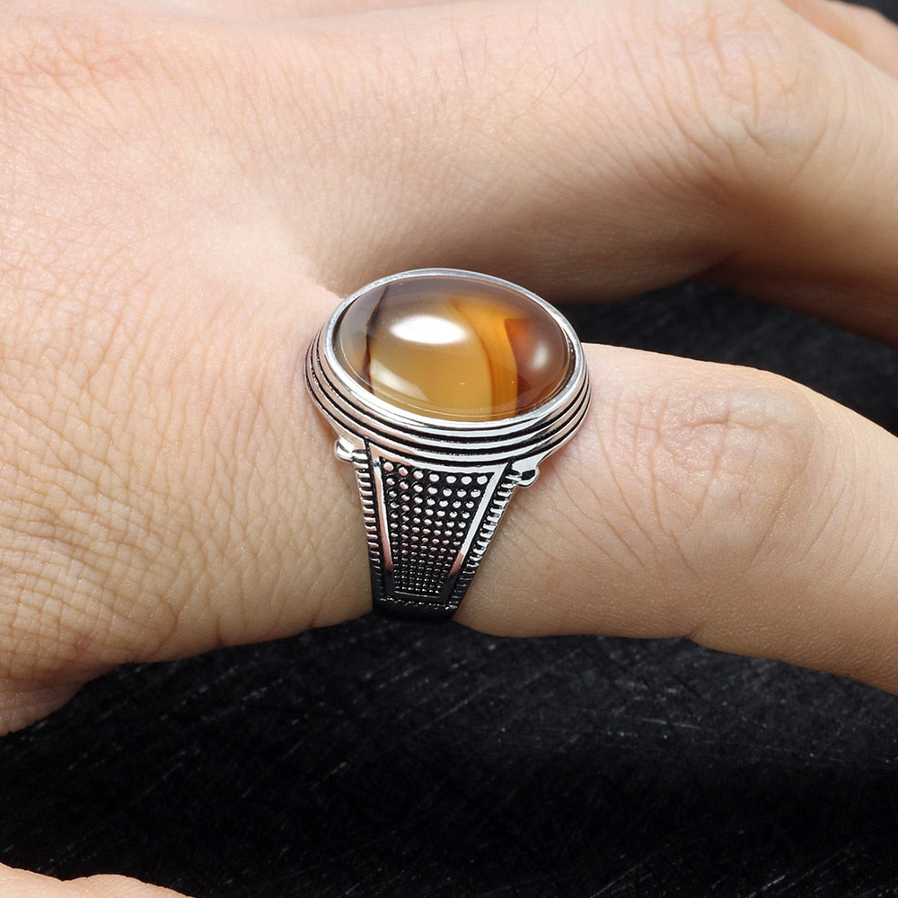 Sterling Silver Antique with Natural Onyx Multi Colors Men Fashion Rings