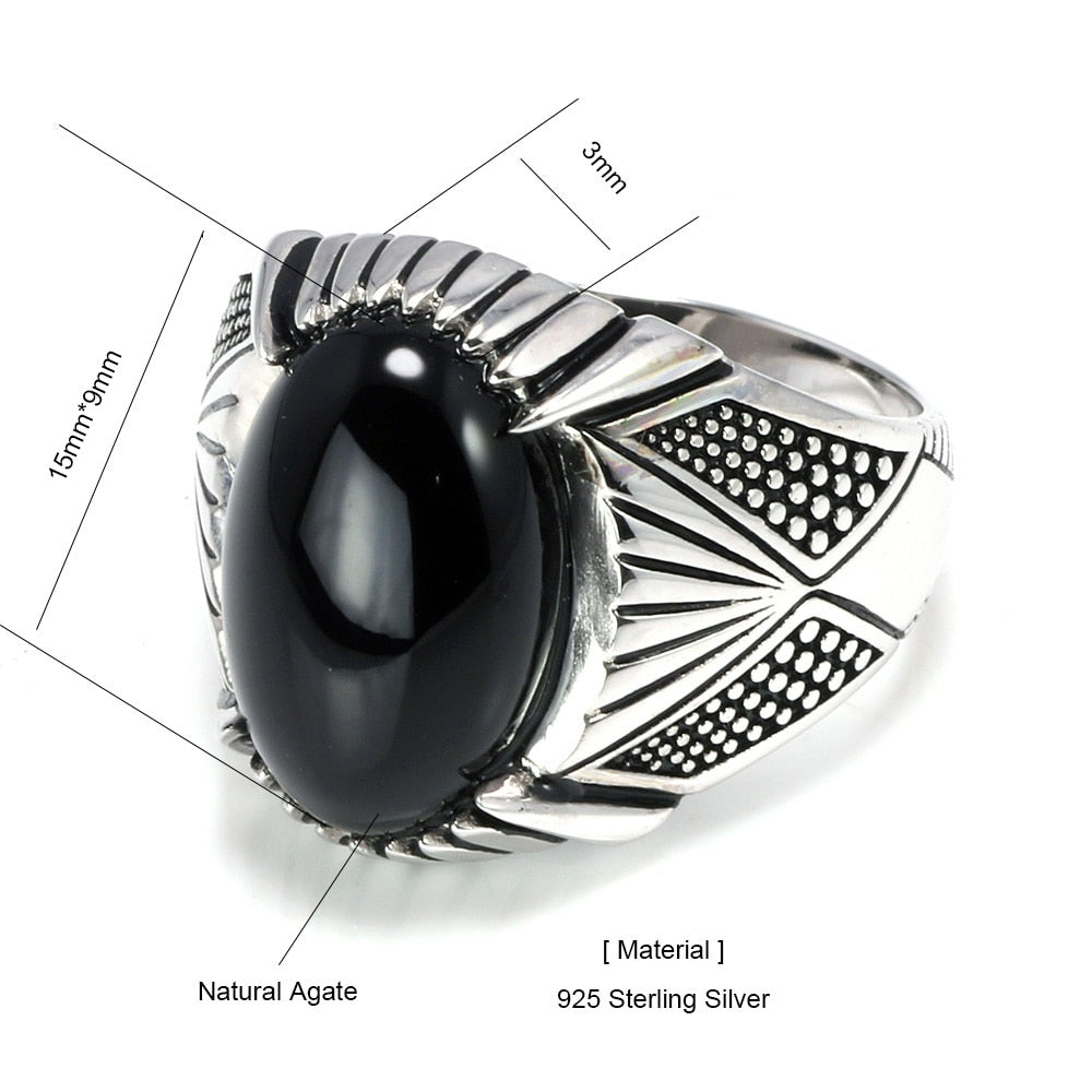 Sterling Silver Antique with Black Natural Stone Men Fashion Rings