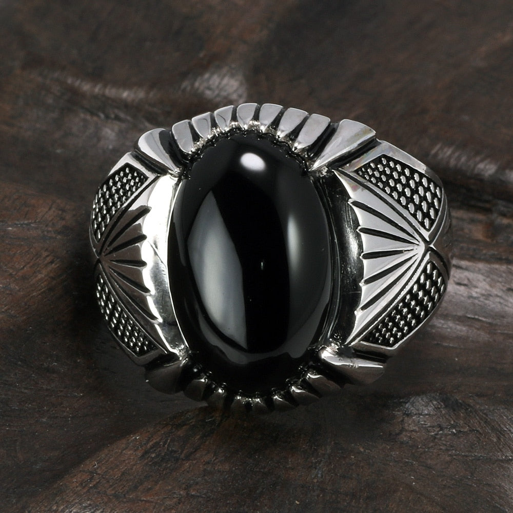 Sterling Silver Antique with Black Natural Stone Men Fashion Rings