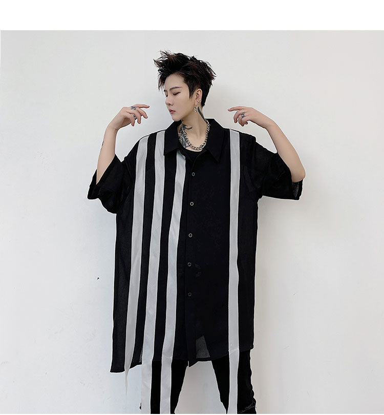 Contrast Stripe Patchwork Decorated Shirt