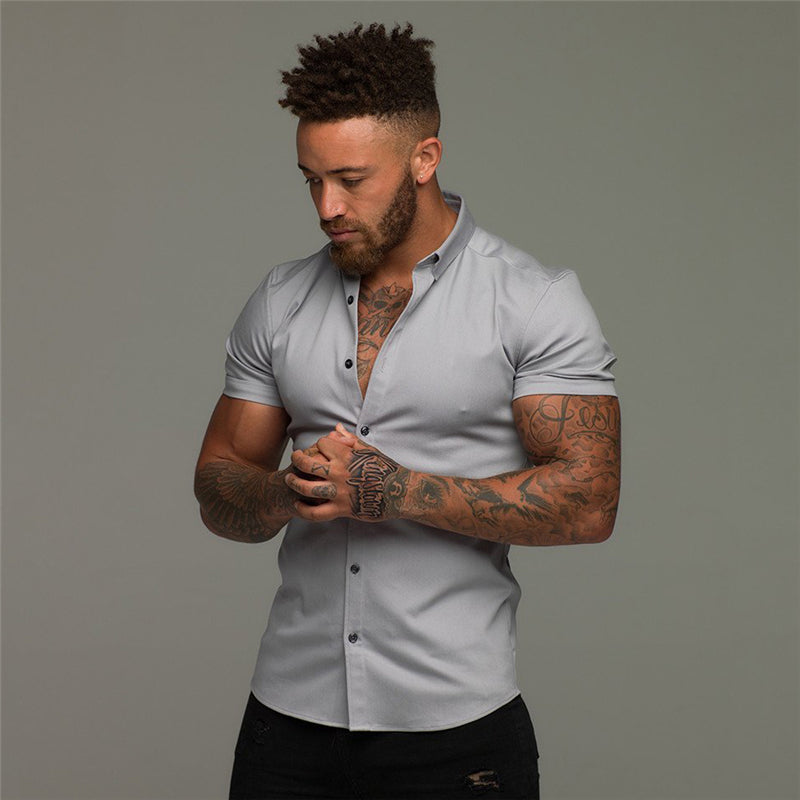 Solid Short Sleeve Polyester Men Shirt