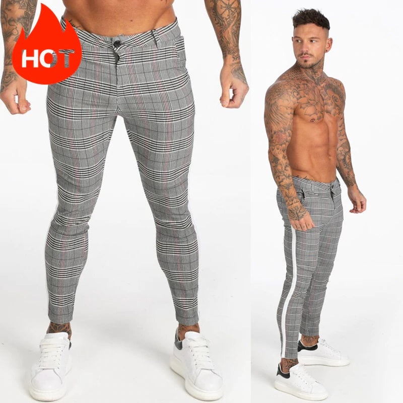 Pantalones de hombre de estilo pitillo con rayas laterales a cuadros grises