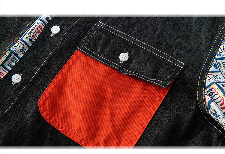 Camisa vaquera de patchwork con números de placas divertidas