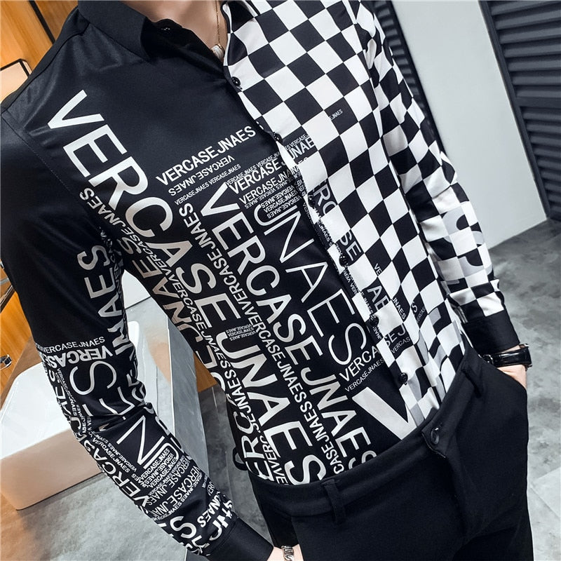 Camisas casuales de manga larga con estampado pop en blanco y negro para hombres