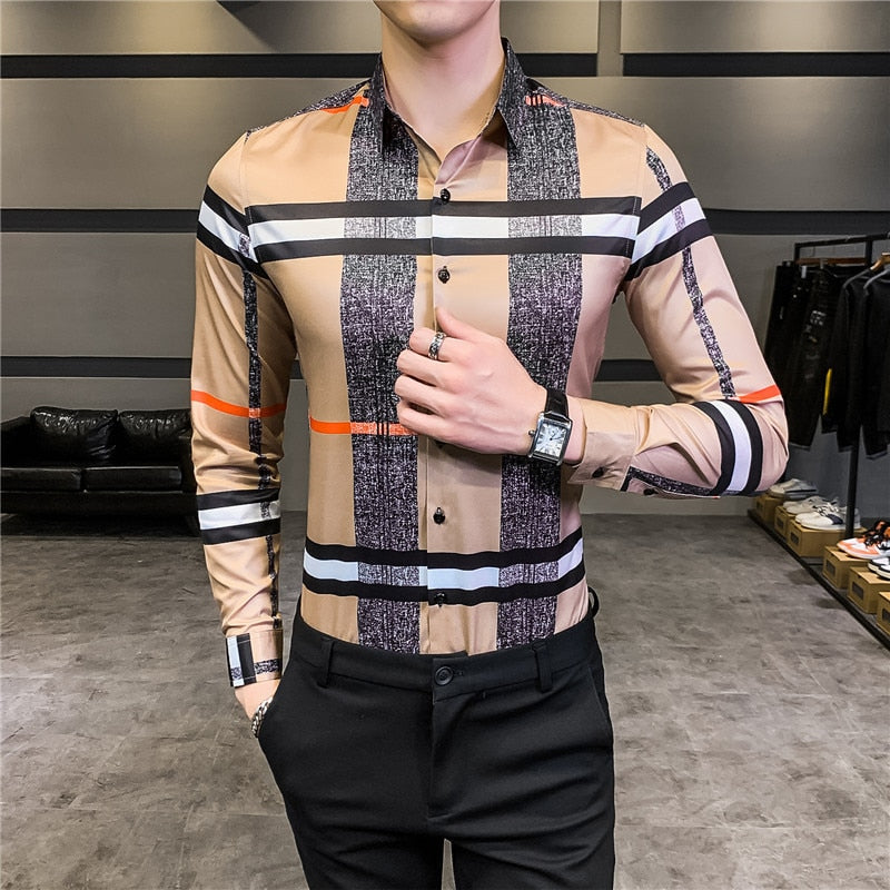 Luxury Print Long Sleeve Korean Design Casual Men Shirt