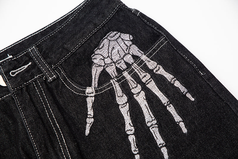 Skull Hand Bone Printed Oversized Denim Jeans