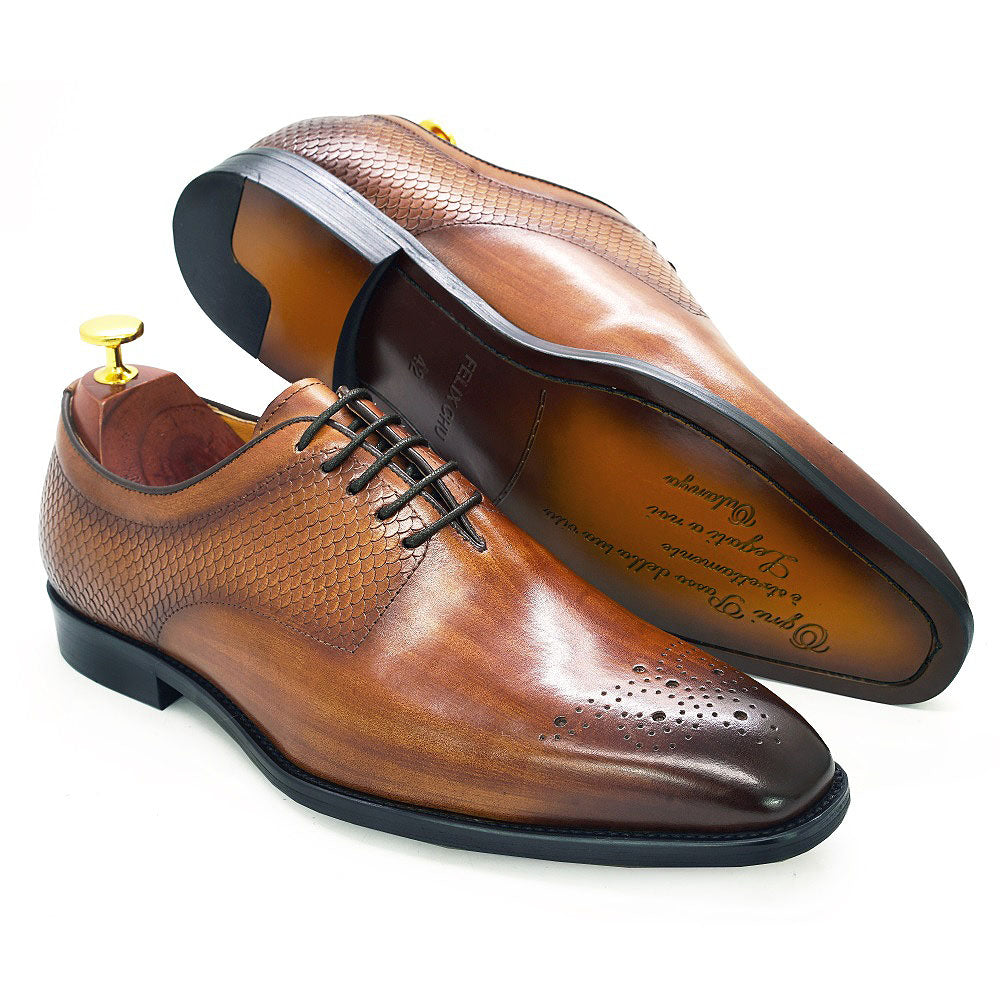 Genuine Leather with Snake Print Pattern Oxford Shoes