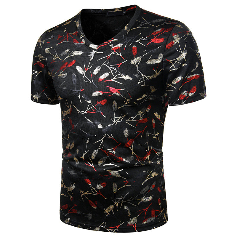 Camiseta De Hombre Con Cuello De Pico De Plumas Metálicas En Dos Tonos