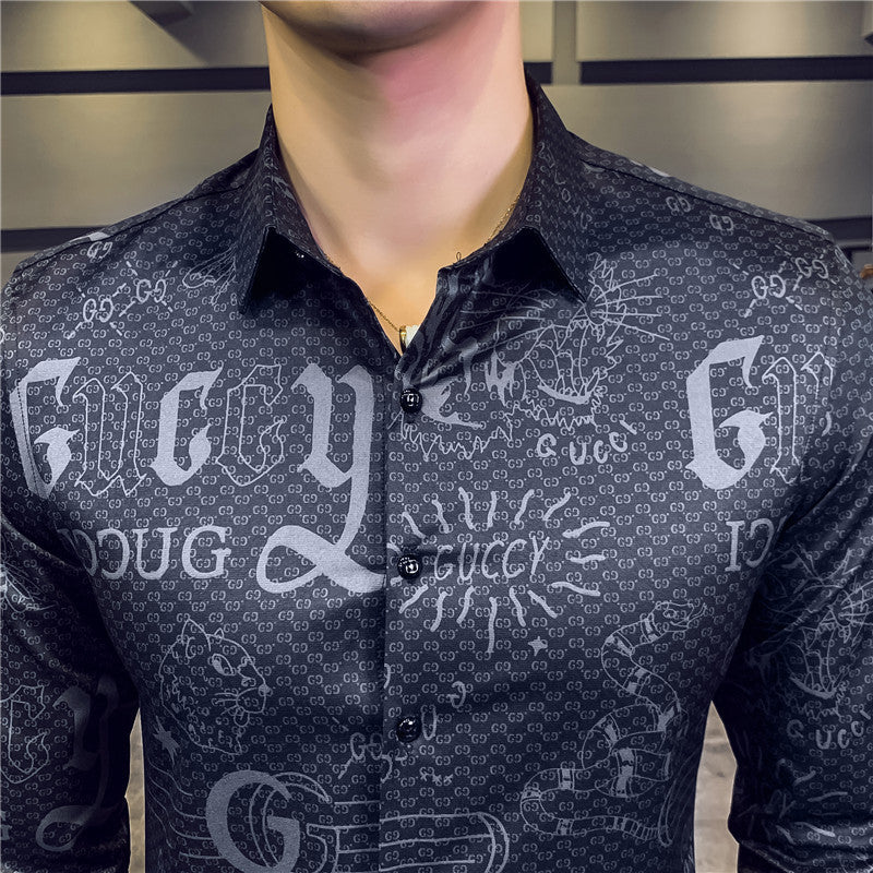 Lettre Imprimer Slim Fit Manches Longues Décontracté Bureau Porter Style Hommes Chemises