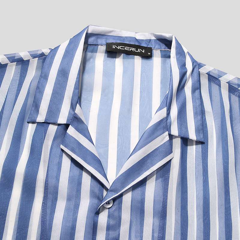 Blue and White Striped See Through Shirt