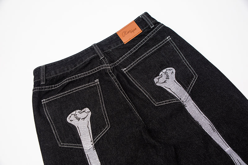 Skull Hand Bone Printed Oversized Denim Jeans