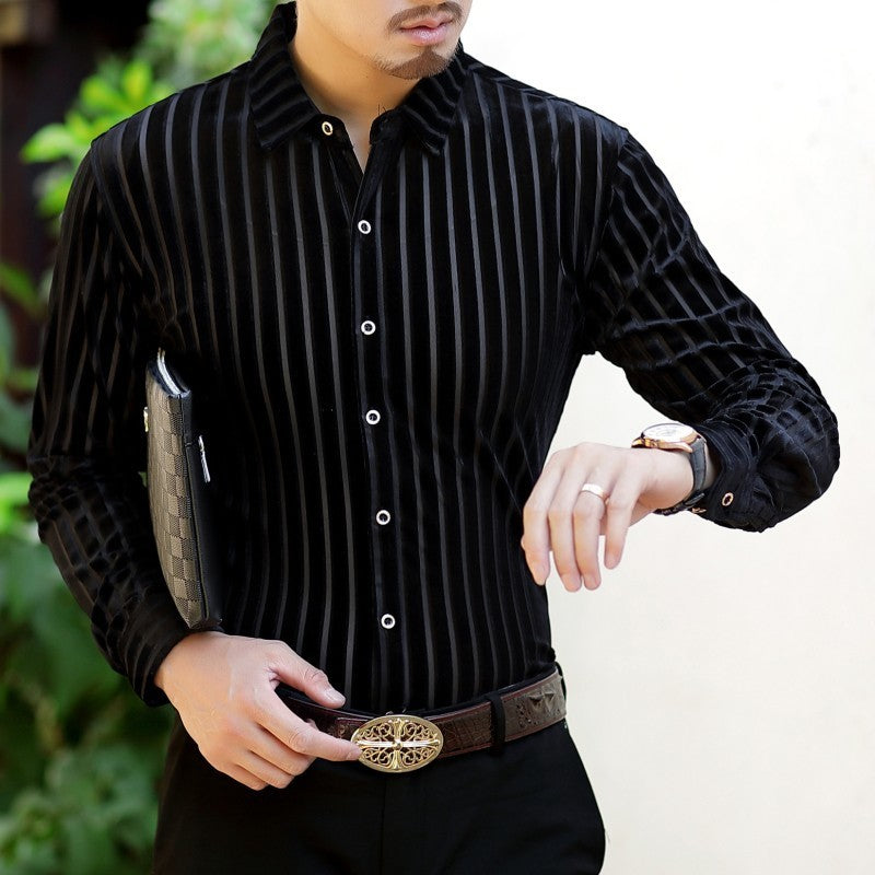 Elegant Stripe Men Business Style Velvet Slim Shirt - FanFreakz
