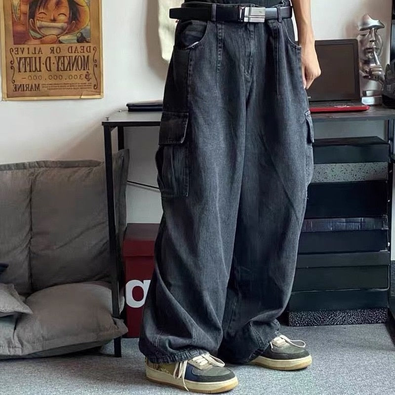 Solid Pockets Baggy Jeans