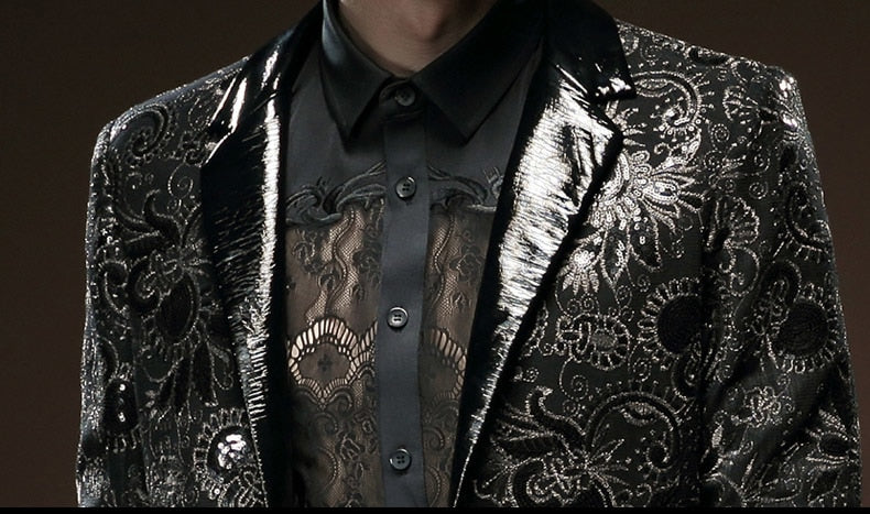 Black in Paisley Pattern and Solid Collar Design Men Blazer - FanFreakz