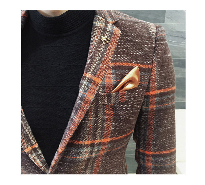 Vintage Plaid Wool Blend Men Slim Fit Smart Casual Blazer