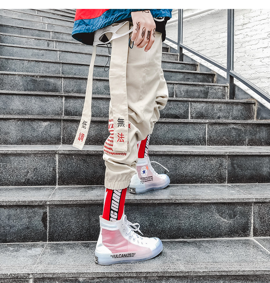 Chinese Letter Embroidery Dangling Ribbon Men Casual Streetwear Pants - FanFreakz