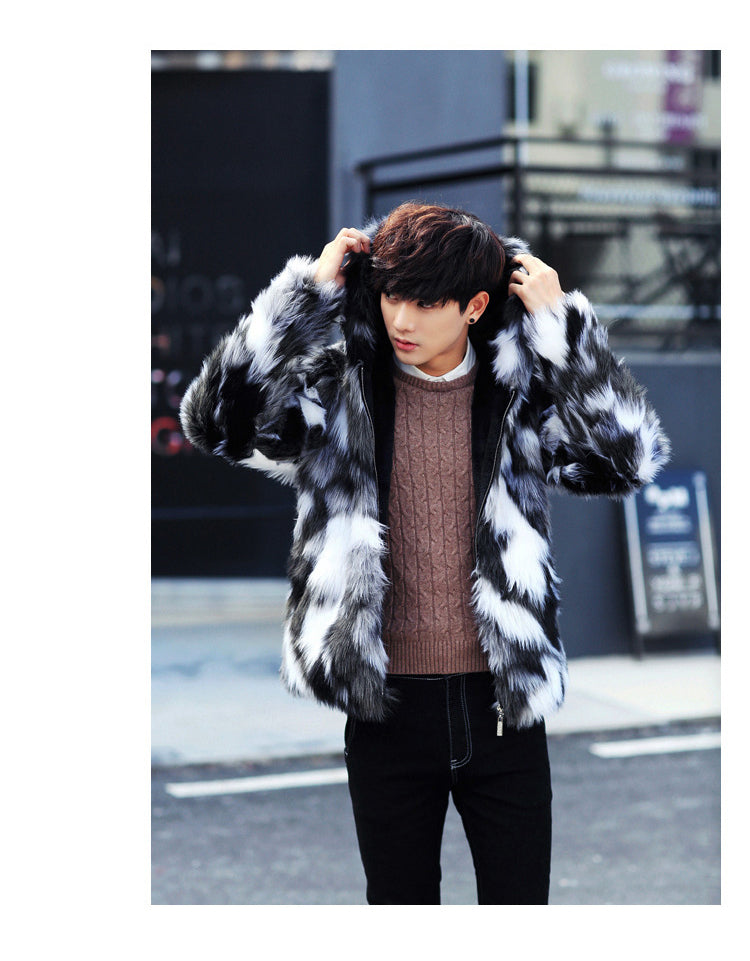 Black and White Fur Luxurious Men Jacket with Hoody - FanFreakz