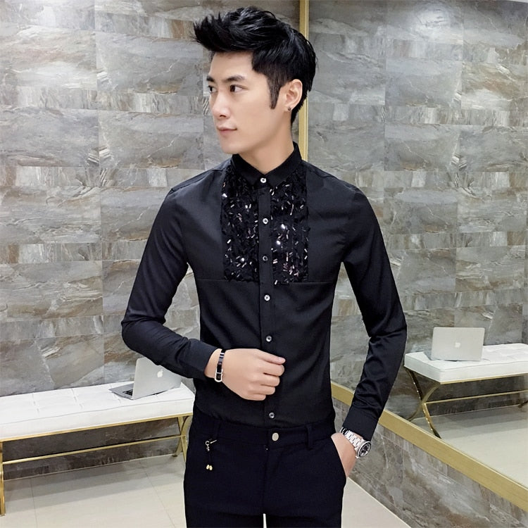 Chemise chaude mince à détail de sequins simples pour hommes