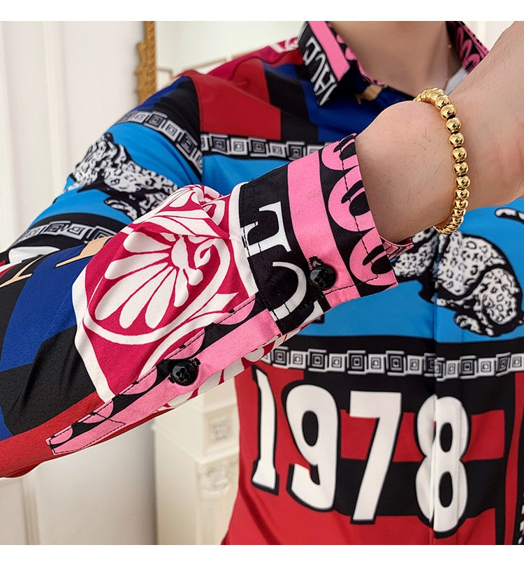 Tigre et Monogramme Imprimé Manches Longues Style Hommes Chemise Slim Fit