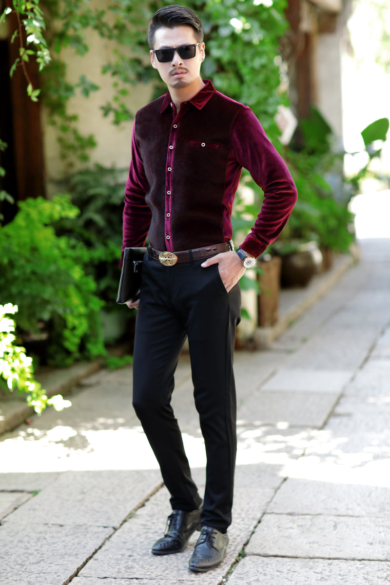 Camisa semiformal de manga larga para hombre con detalles peludos