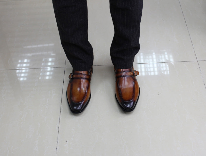 Elegant Handmade Pointed Toe Brown Leather Buckle Strap Men Loafer Shoes - FanFreakz