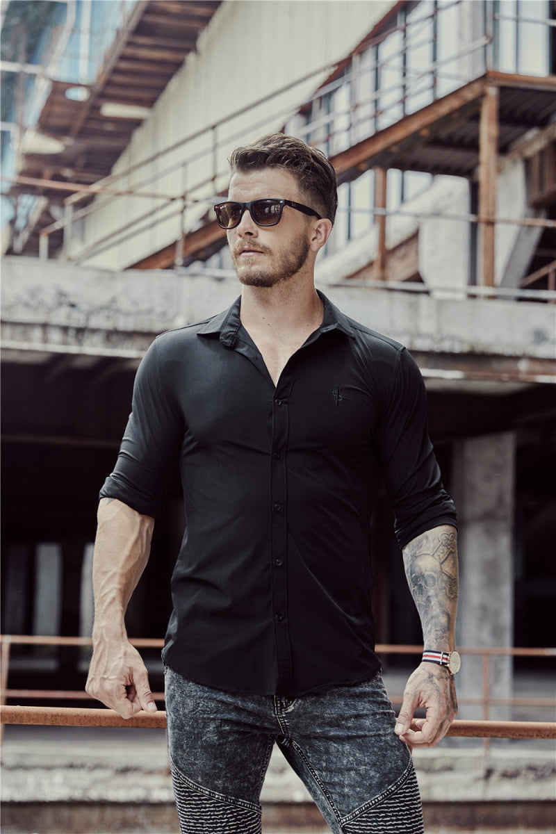 Chemise à manches longues coupe ajustée pour hommes de couleur unie de style italien
