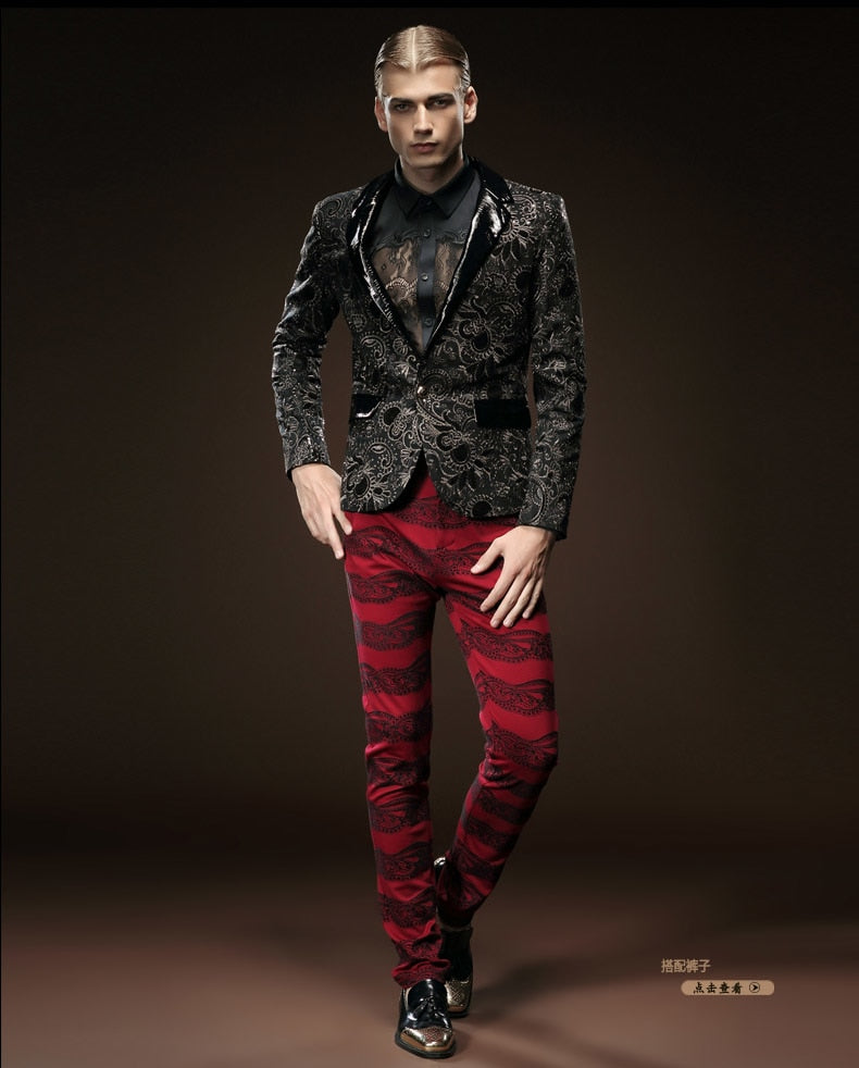 Black in Paisley Pattern and Solid Collar Design Men Blazer - FanFreakz