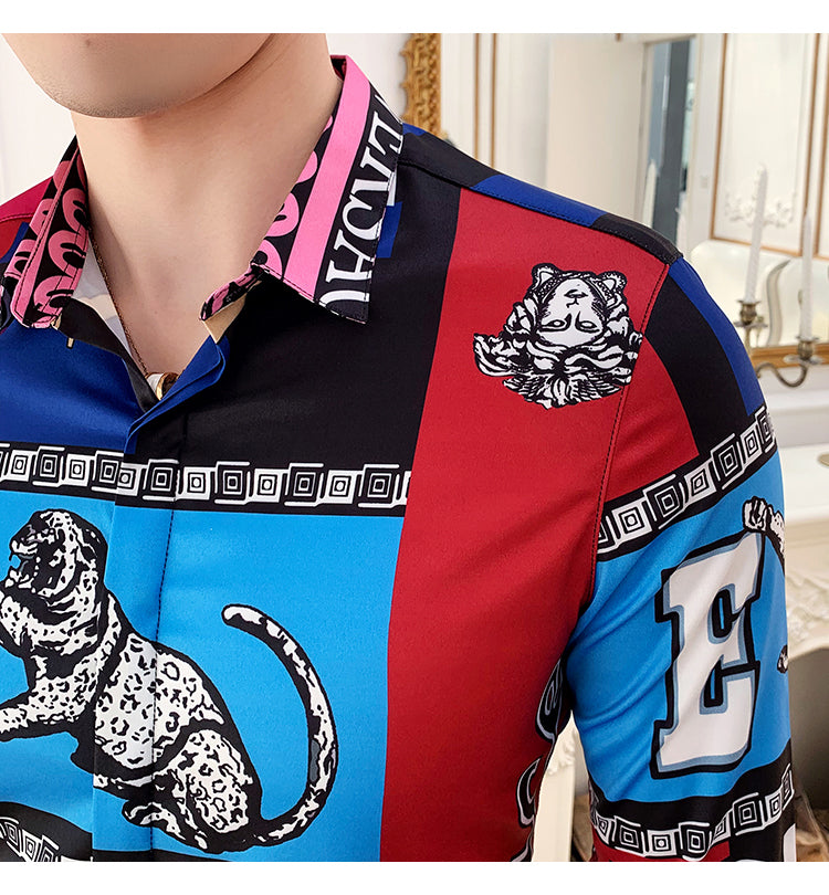 Tigre et Monogramme Imprimé Manches Longues Style Hommes Chemise Slim Fit