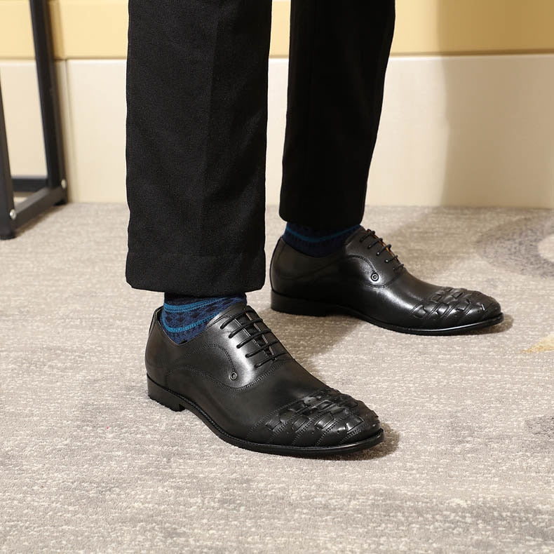 Plait and Hand Painted Pattern Round Toe Men Oxford Leather Shoes