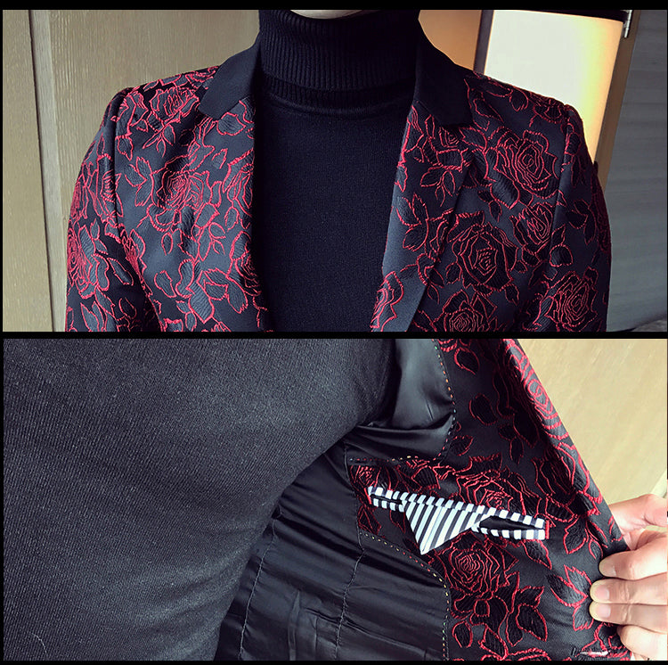 Dark Rose Jacquard Party Men Slim Fit Blazer - FanFreakz