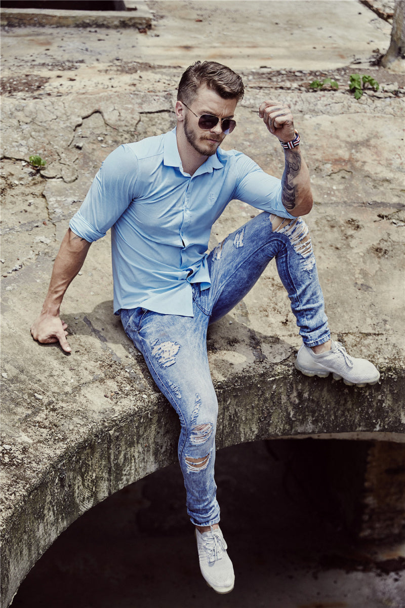 Chemise à manches longues coupe ajustée pour hommes de couleur unie de style italien