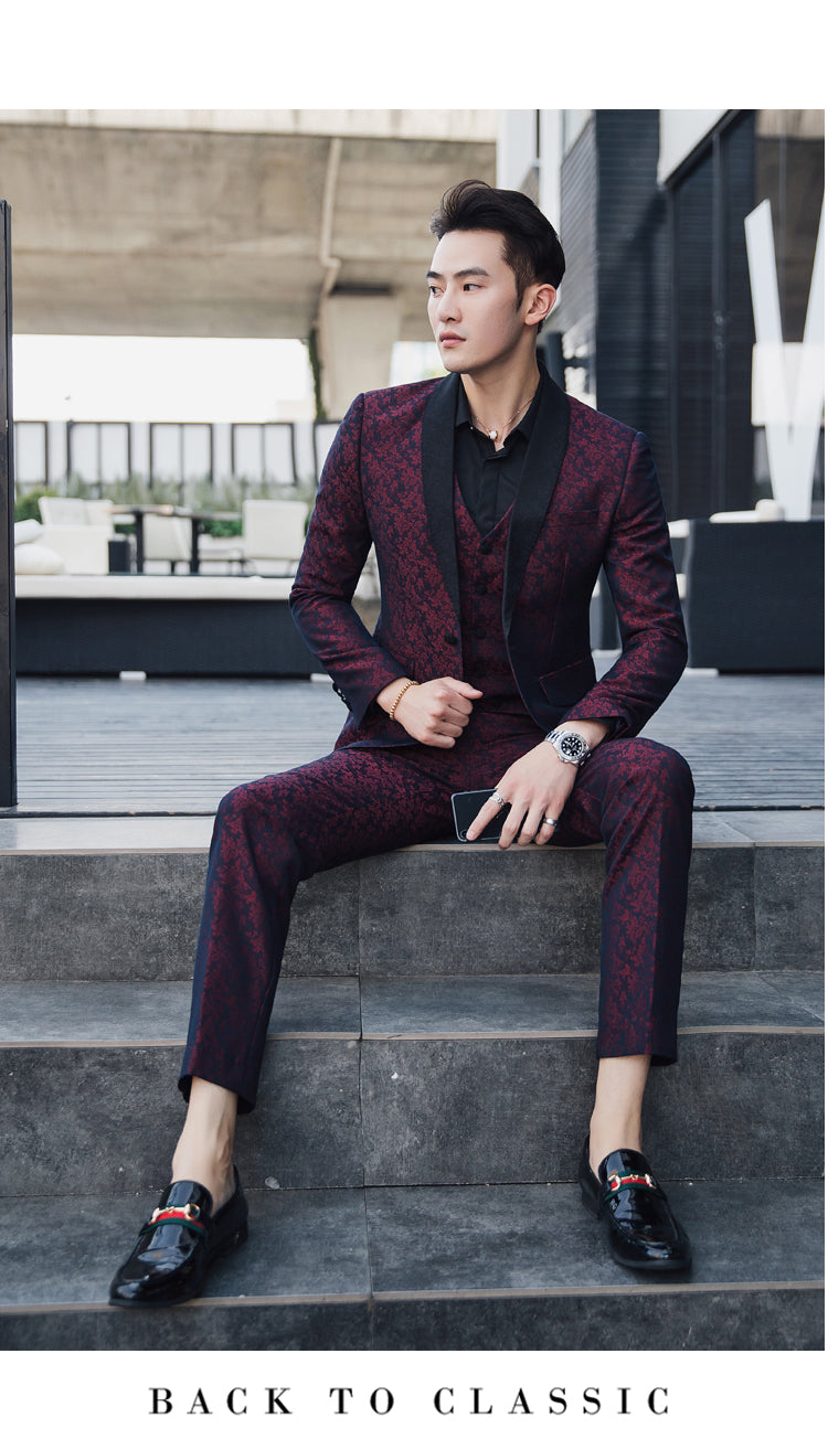 Contrast Black Collar Wine Red Patterned Men Slim Fit Suit Set with Vest and Trouser - FanFreakz