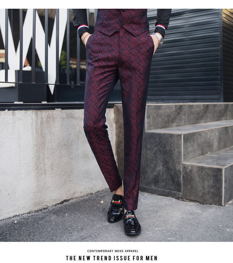 Contrast Black Collar Wine Red Patterned Men Slim Fit Suit Set with Vest and Trouser - FanFreakz