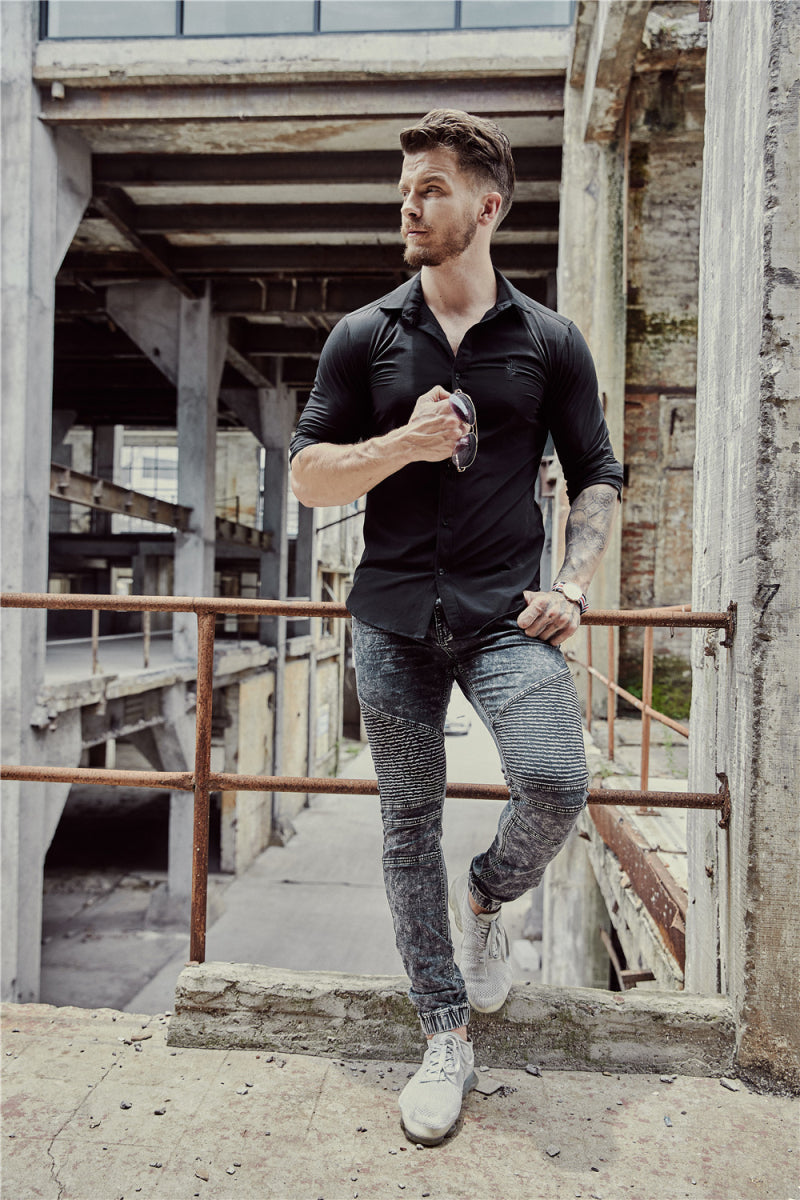 Chemise à manches longues coupe ajustée pour hommes de couleur unie de style italien