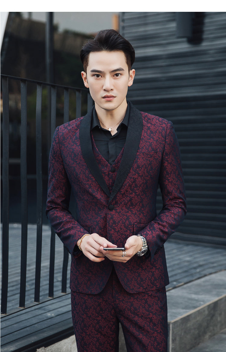 Contrast Black Collar Wine Red Patterned Men Slim Fit Suit Set with Vest and Trouser - FanFreakz