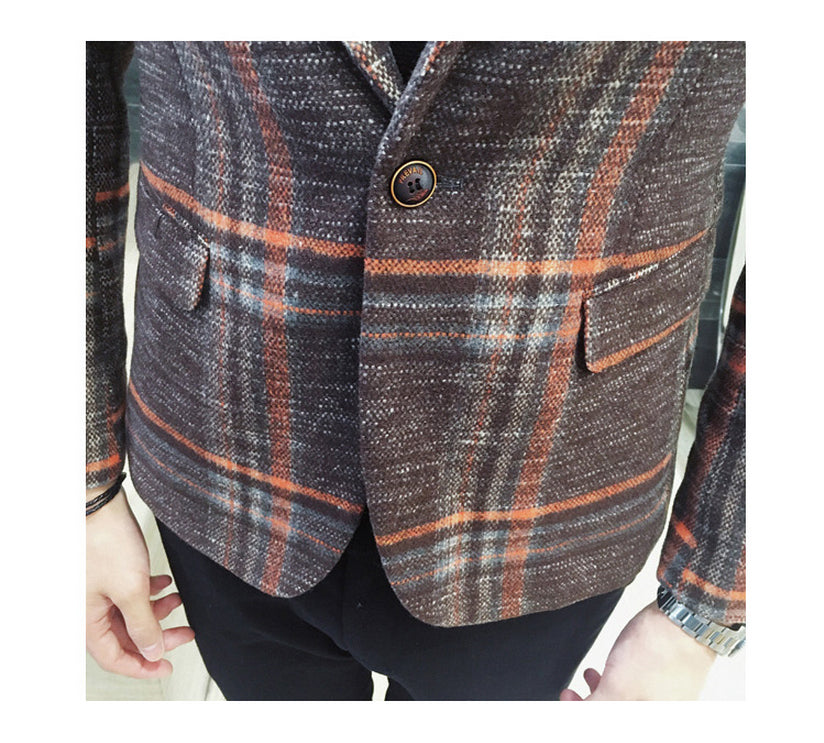 Vintage Plaid Wool Blend Men Slim Fit Smart Casual Blazer