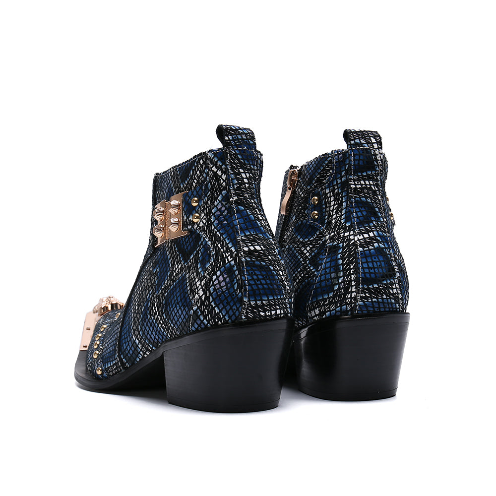 Botas de hombre con punta de metal y estampado de serpiente con hebillas