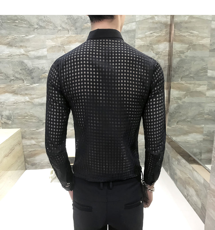 Haut Bouton Ruban Broche Détail Hommes Petit Carré Transparent Slim Git Chemise