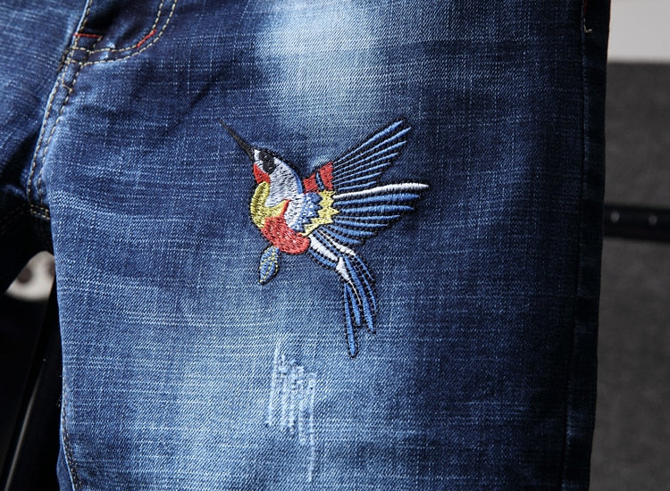 Oiseau Simple Broderie Bleu Denim Hommes Jeans