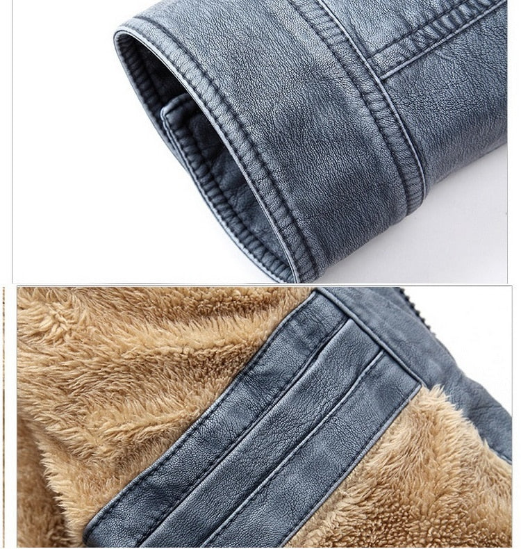 Solid Stand Collar with Faux Fur Lining Biker Style Men PU Leather Jacket