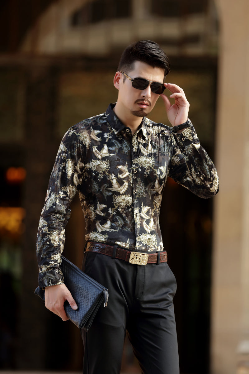 Gold Planting Bird Print Semi See Through Men Velvet Shirt