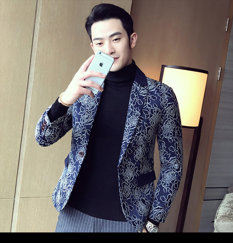 Dark Rose Jacquard Party Men Slim Fit Blazer - FanFreakz