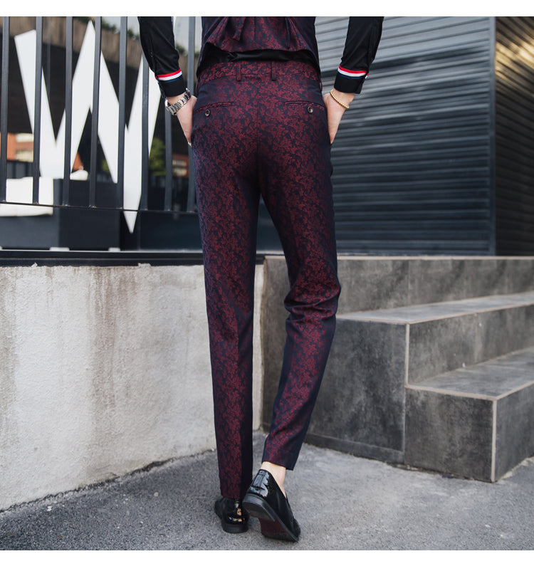 Contrast Black Collar Wine Red Patterned Men Slim Fit Suit Set with Vest and Trouser - FanFreakz