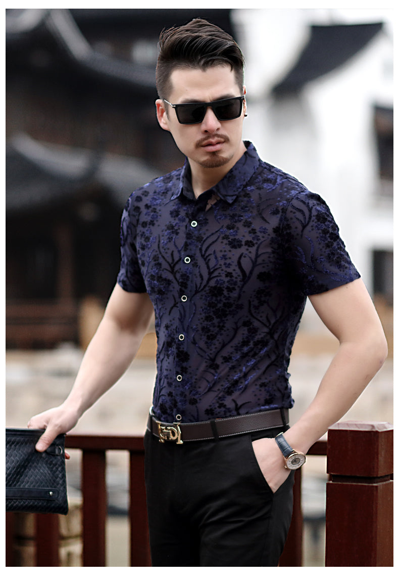 Small Floral Pattern Slim Fit Thin Semi See Through Men Shirt - FanFreakz