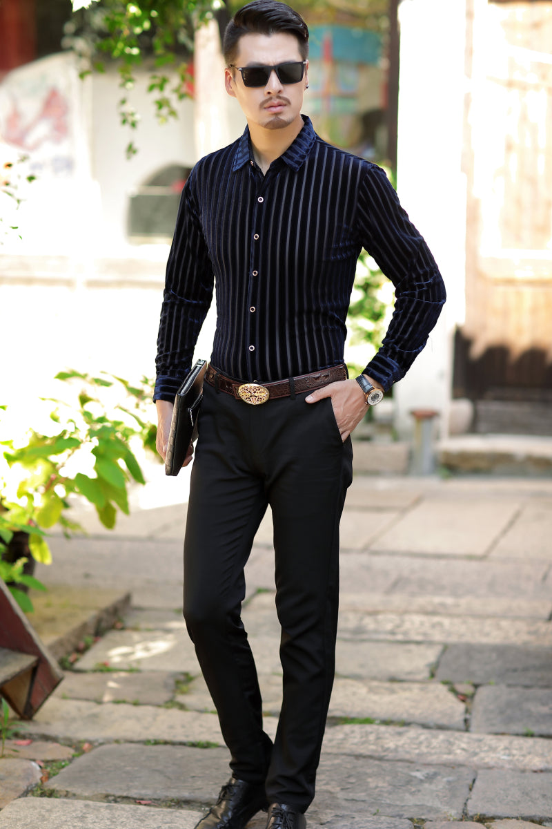 Elegant Stripe Men Business Style Velvet Slim Shirt - FanFreakz