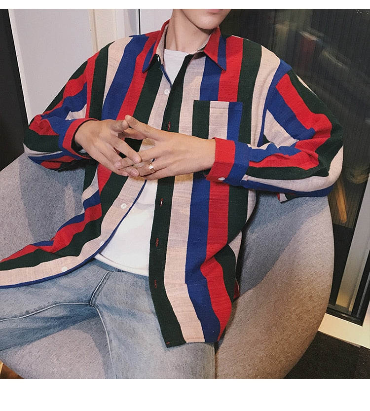 Nouvelle mode Stripe Loose Casual manches longues style hommes chemises