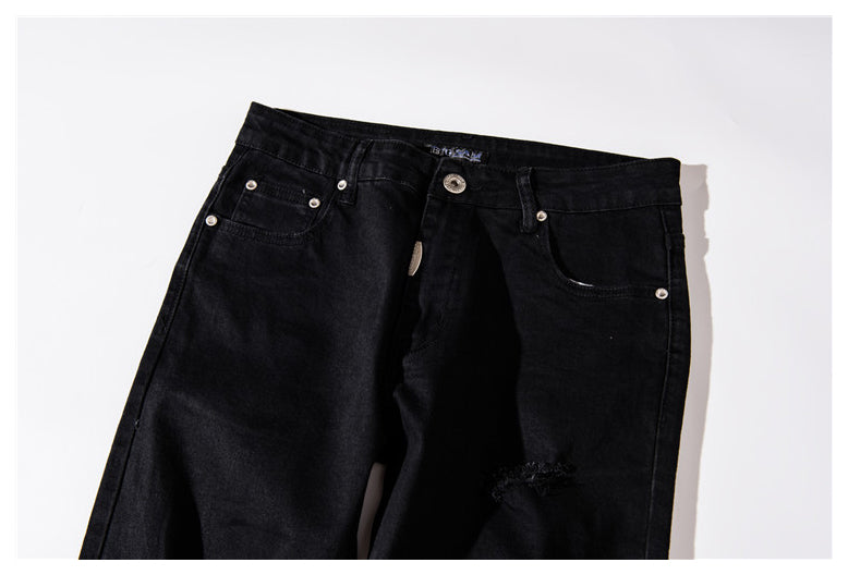 Metallic Zippered Legs Men Ripped Knee Jeans