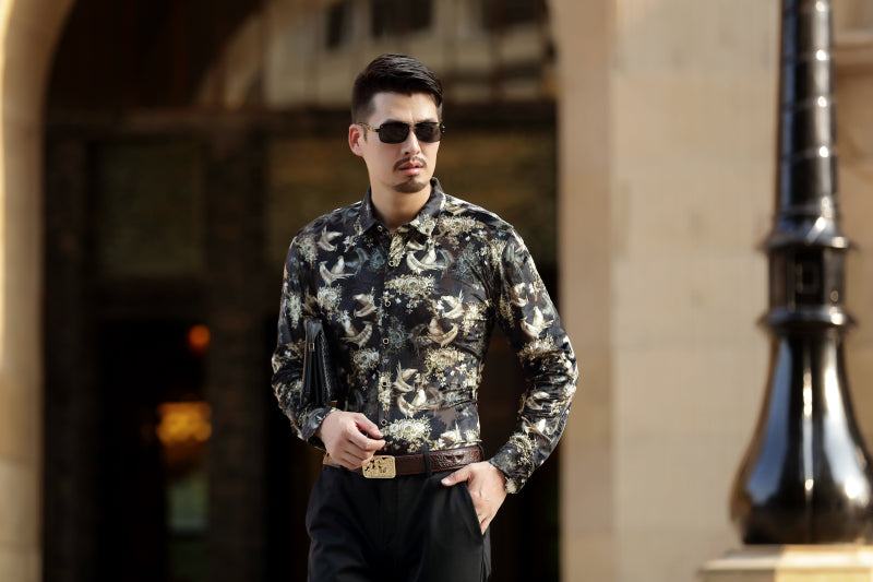 Gold Planting Bird Print Semi See Through Men Velvet Shirt