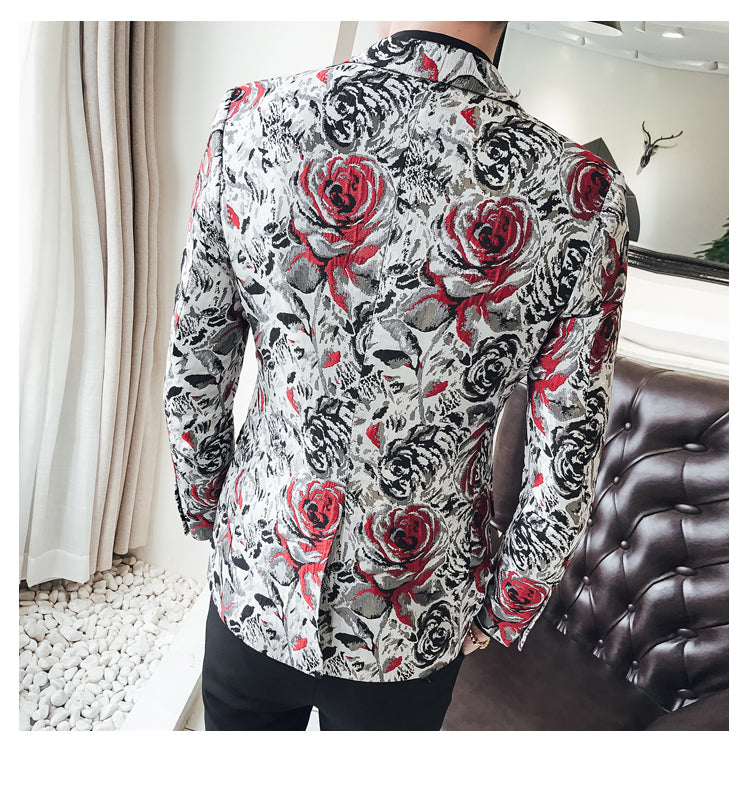 Rose in Contrast Print Blazer Slim Fit en velours pour homme